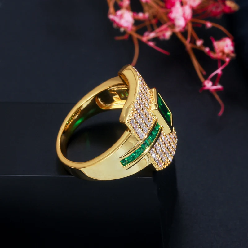 Monaco Style Blue White Green Cubic Zirconia Stone Dubai Yellow Gold Plated Luxury Wedding Engagement Promise Ring for Women