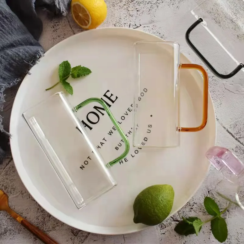 380ml Square High-quality borosilicate 6 colored beer glass cup with color handle single wall glass for milk juice beer