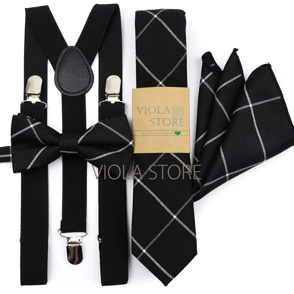 Navy Brown Mint Green Elastic Suspender Plaid Cotton Bow 6cm Tie Pocket Square Set Men Wedding Party Brace Cravat Gift Accessory