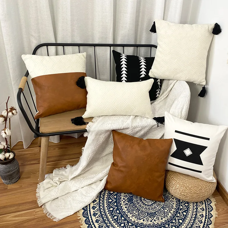 Patchwork Nordic Casual Crocheted Style Cotton Living Room Sofa Decorative Pillowcase Cushion Cover With Tassels