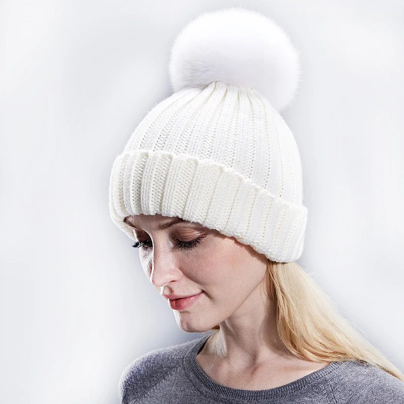 
Brown Knitted Hats Fox Fur Ball For Ladies Autumn Winter Warmth With Pom Adult Hats 