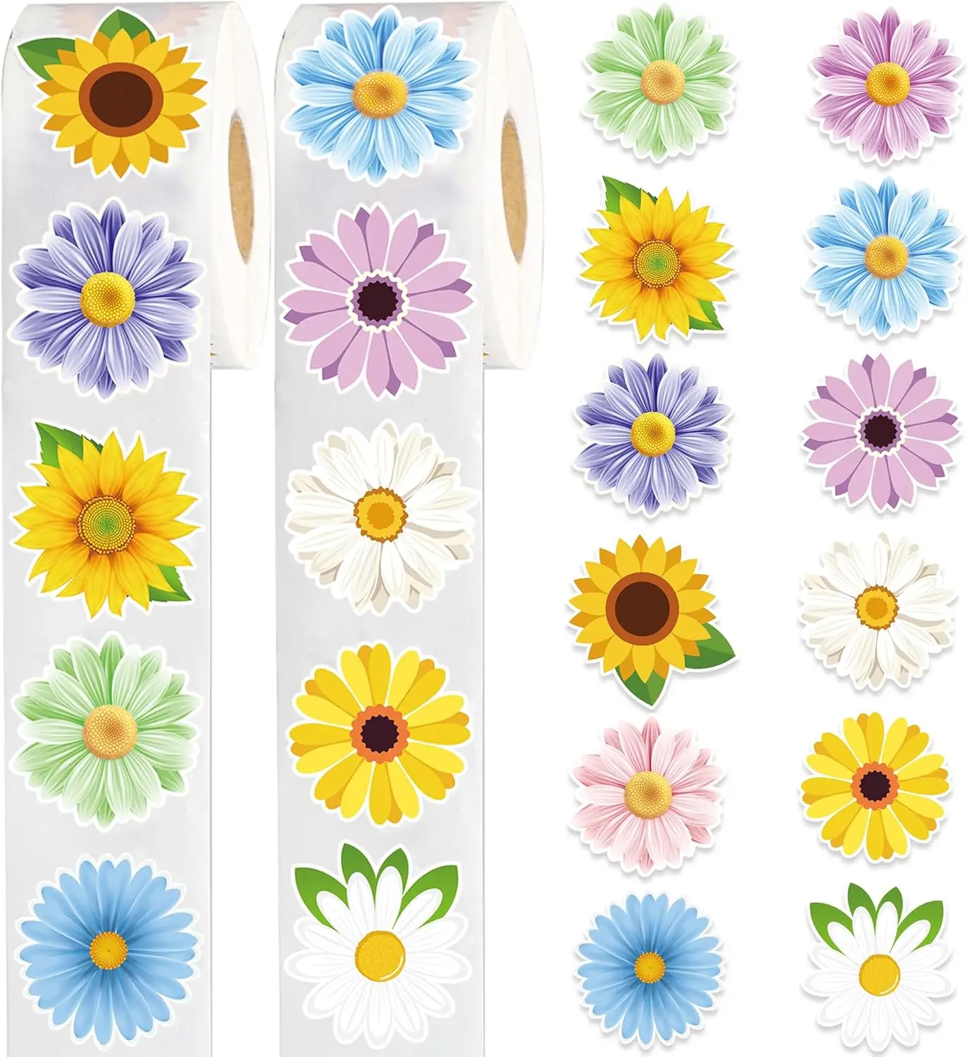 Flower Sticker Roll Spring Daisy Sunflower Sticker Decals Colorful Watercolor Flower Label Stickers for Scrapbooks Water Bottle
