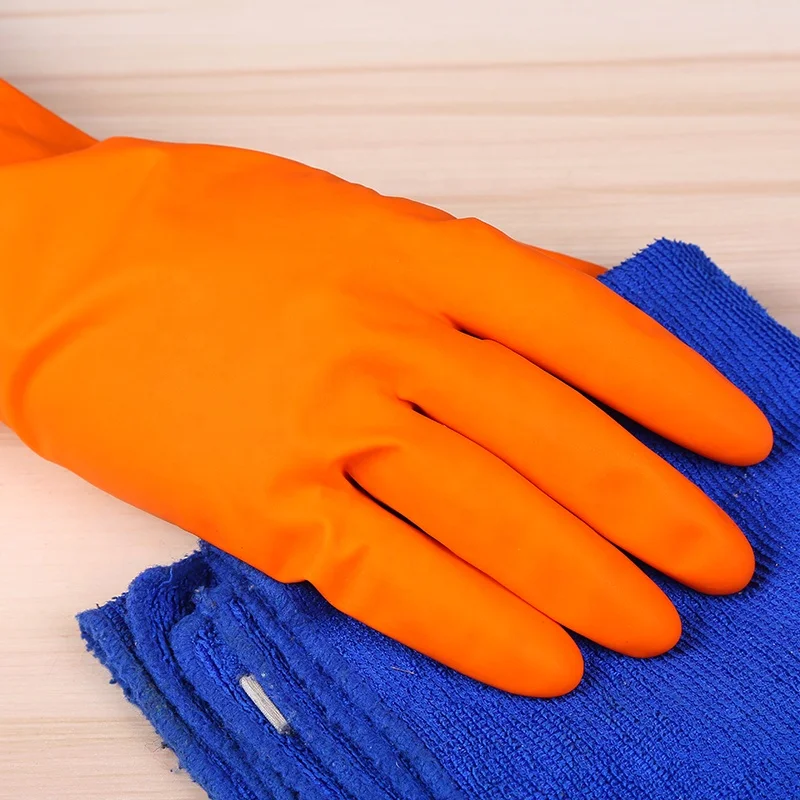 Orange Color Spray Flocklined Household Glove Professional China Manufacture Latex Rubber Gloves