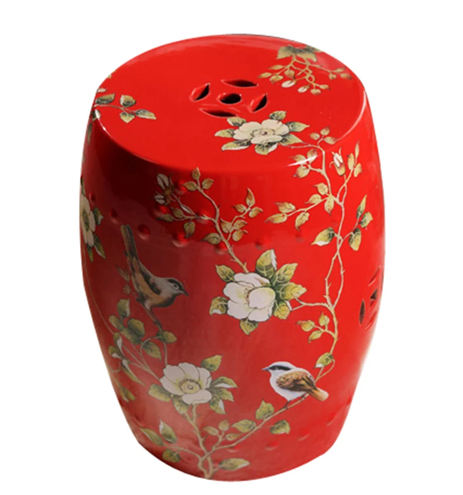 Modern Chinese Red Porcelain Drum Stools with Flower Bird Painting Decorative Ceramic Garden Stool