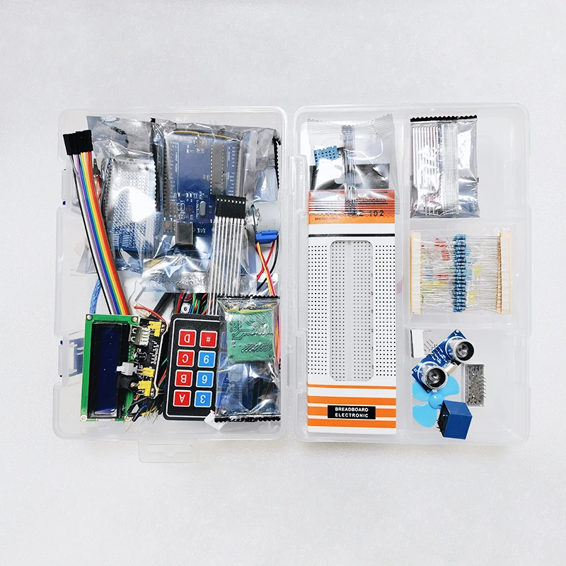 Factory Wholesale Hot Sale Super Starter Kit 28 in 1 include Breadboard SG90 1602A IIC STEP Motor for Arduino R3