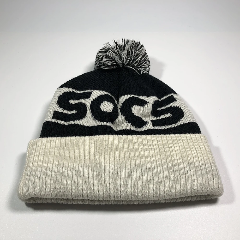 Custom high quality knitted retro toque Suede leather patch ribbed brim pom pom hats Character jacquard two tone sports beanies