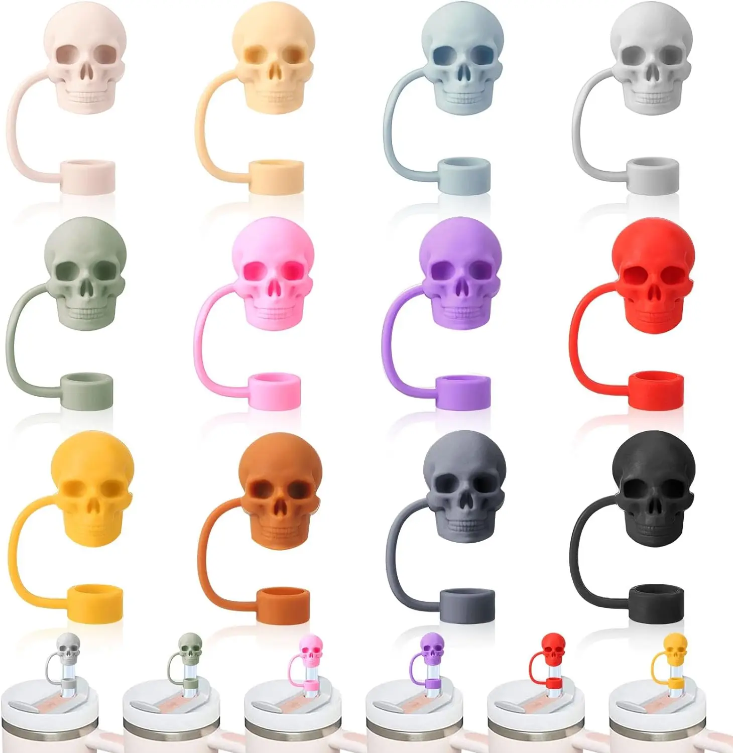 wholesale 12 colors available bulk packing soft silicone dust cover 10mm 3d skull straw topper for tumbler cup