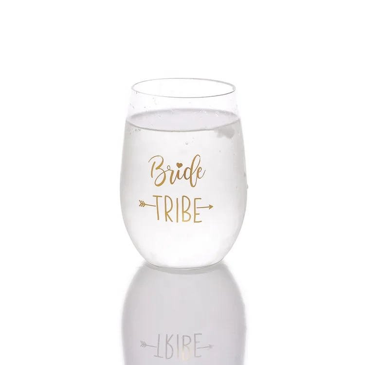 Custom logo 350ml clear handmade plastic reusable wine glasses stemless unbreakable stemless wine tumbler glass