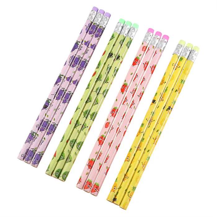 Multifunctional Colored Topper Eraser School Kawaii Fruit Wooden Pencils Stationery Pack HB Lead Wood Writing Pencil for Kids