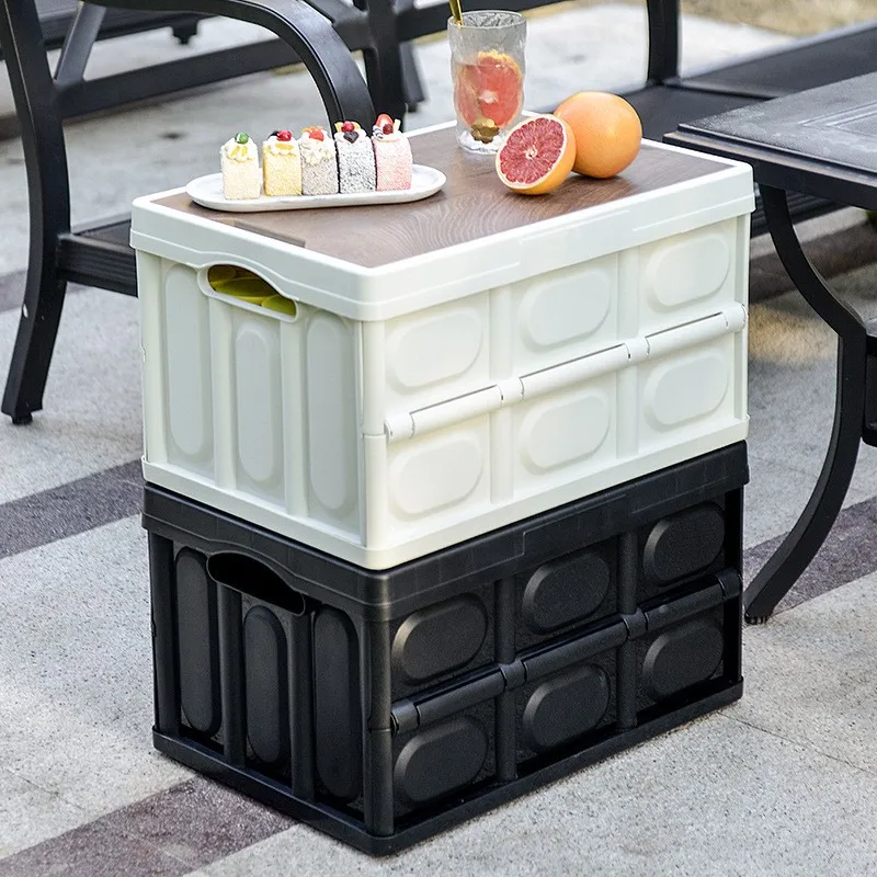 QM 30L foldable plastic storage stackable box camping folding box folding storage organizer with wood lid and handle