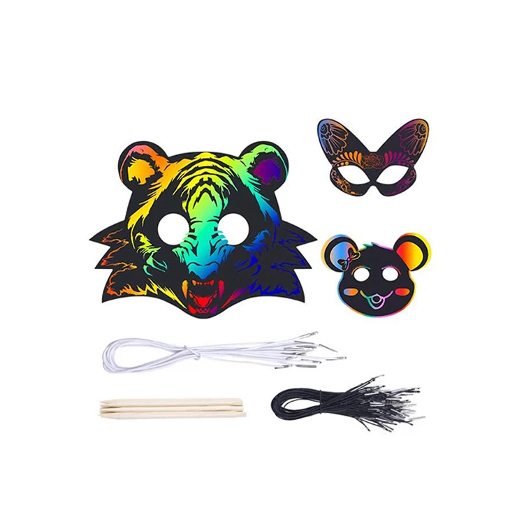 Magic Scratch Art Rainbow Scratch Paper Animal Masks Elastic Cords Scratching for Party Halloween Dress-Up