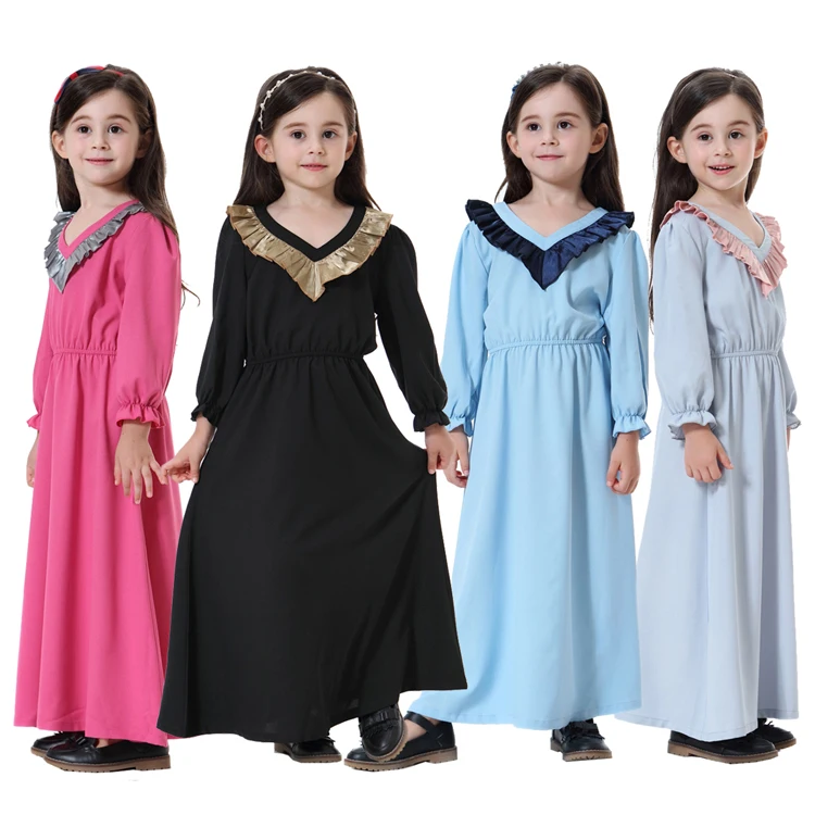 V neck ramadan prayer kids baju kurung girls dubai islamic clothing muslim abaya
