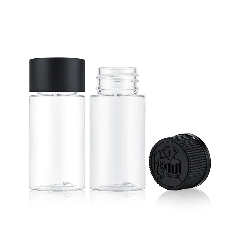 Custom 30ml 40ml 50ml 60ml black lid transparent empty storage cosmetic child proof resistant pet plastic bottles with screw cap
