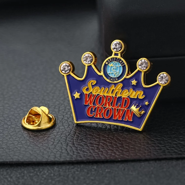 Custom Gold Plated Metal Rhinestone Lapel Pins Crown Shaped Dance Enamel Pin with Diamond