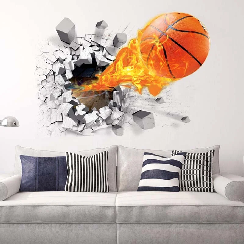 BSCI Certificate Basketball Kids Room Decoration  3D Home Wall Vinyl Sticker 3d Broken Wall Basketball PVC Wall Stickers