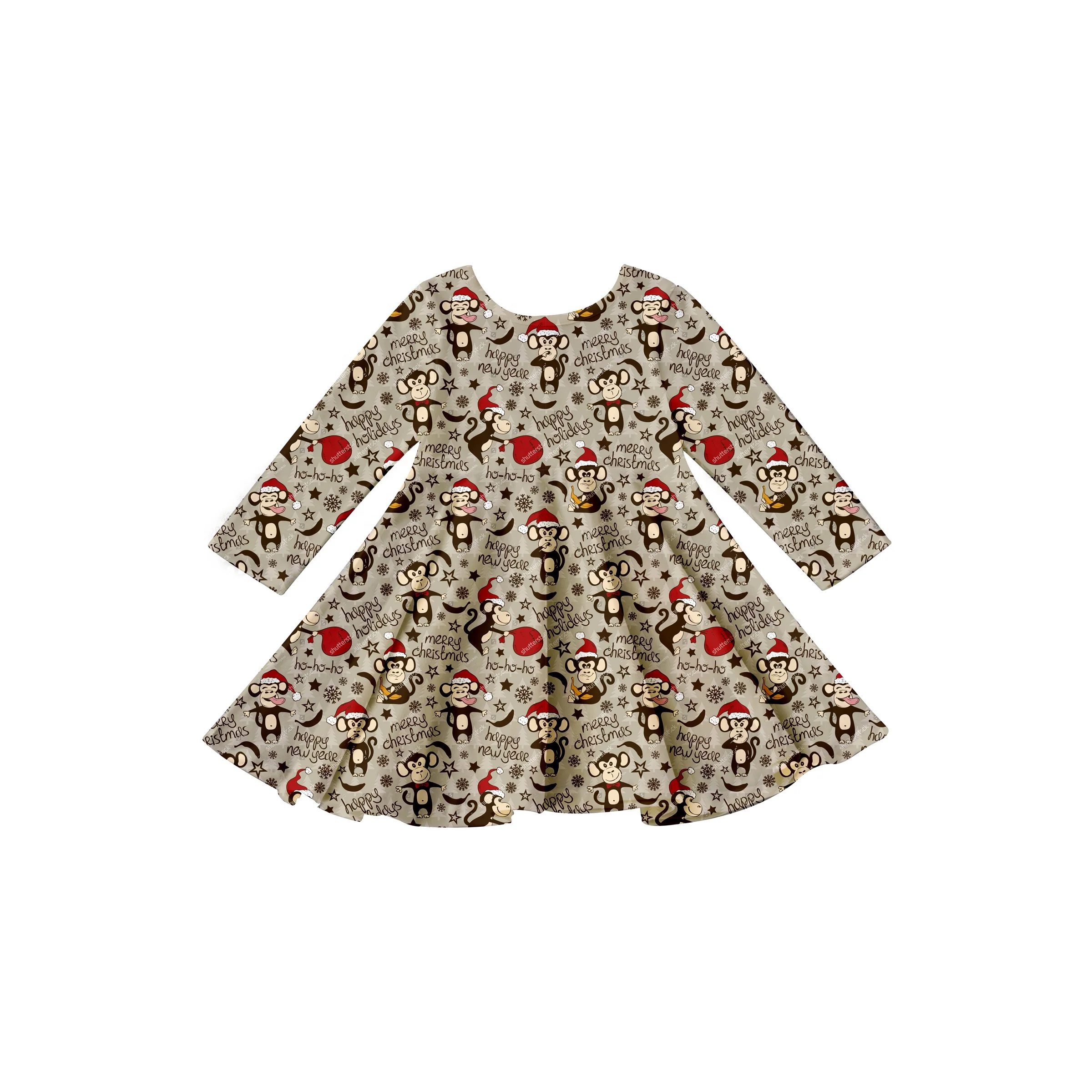 GIrlymax 2022 Christmas Gingerbread Truck Trees Twirl Long Sleeve Knee Length Dresses