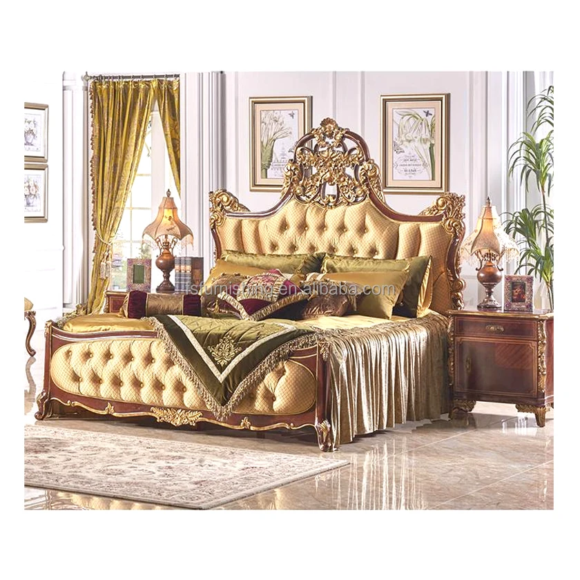 Luxury Design Gold Leaf Carving King Size Bed/ European Classic Royal Golden Wooden Bedroom home furniture set
