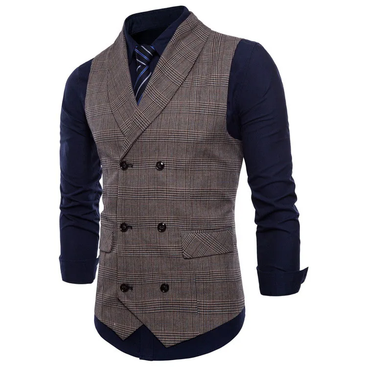 V Neck Double Breasted Vest Slim Fit Plaid Waistcoatcasual Vests for Men
