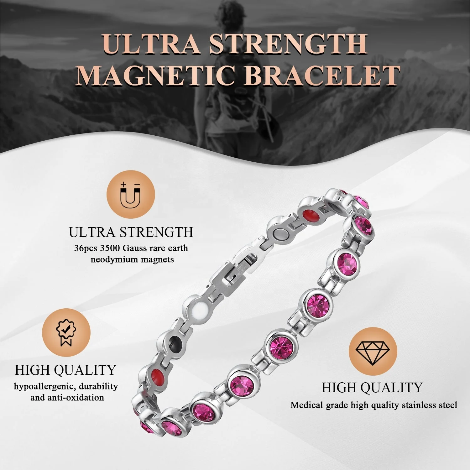 Wholesale Natural Gem Stone Rose Quartz Crystal Women Titanium Steel Magnetic Germanium Bracelets Pain Relief Device