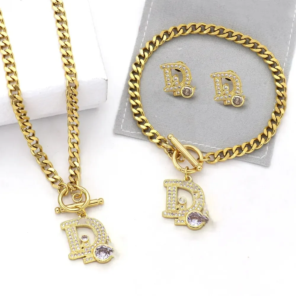 Fashion 18K Gold Branded Jewelry Set High End Zircon Designer Bracelet Necklace Earrings Stainless Steel Women Jewelry Set