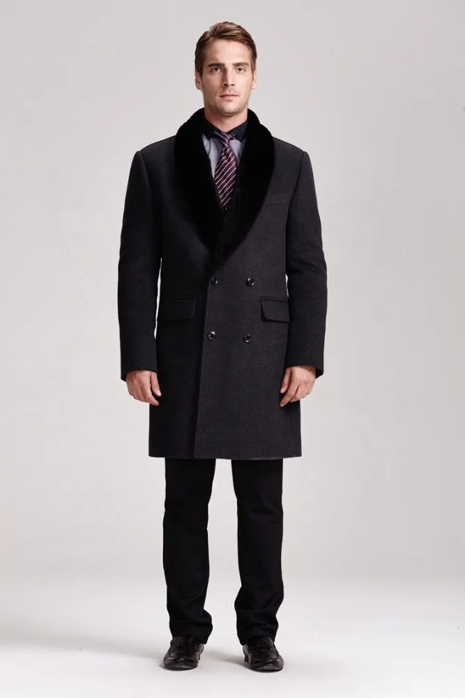 Long Design Mens Winter Wool Cashmere Coats With Real Fur Collar
