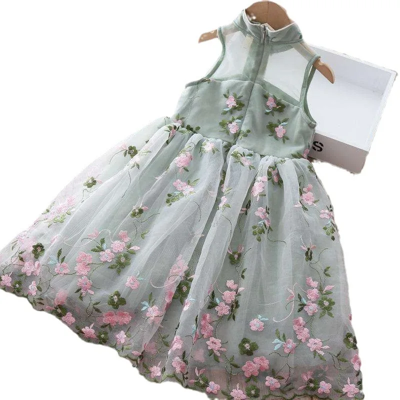 Top Leader 2024 Summer Kids Baby Girls Hanfu Dresses Casual Chinese Han Style Fly Sleeve Lace Cheongsam Flower Print 3-12 Years