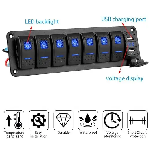 7 Gang Aluminum 5 Pin ON/OFF Toggle Rocker Switch Panel Switch 12V-24V Blue LED Dual USB Charger Voltmeter for Boat RV Trucks