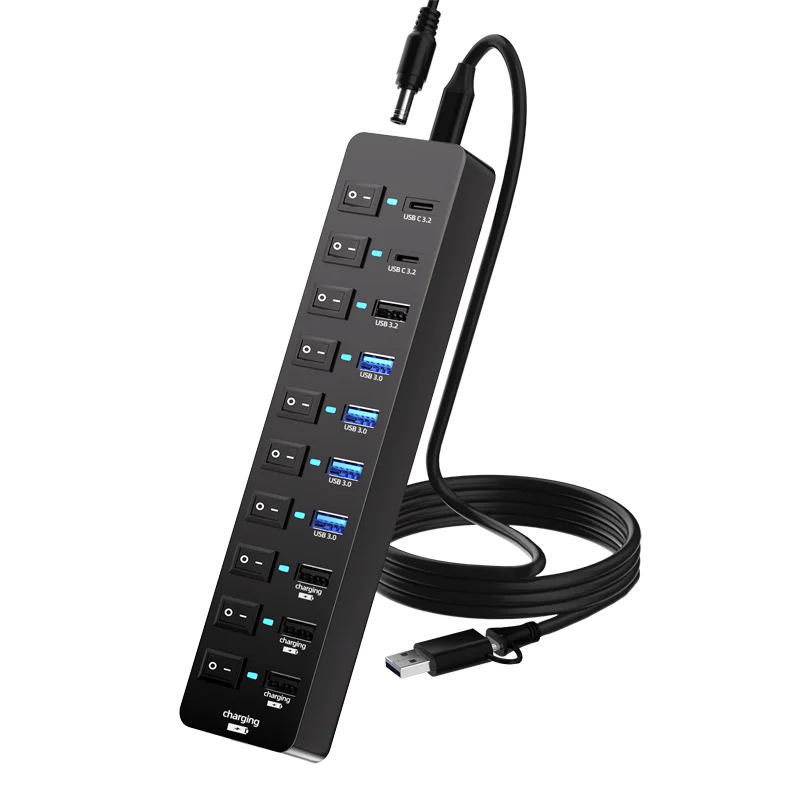 Cross-border Explosive 11-Port USB 3.2/USB C Hub with 10Gbps  Fast Charging Individual Switches 36W Power Adapter