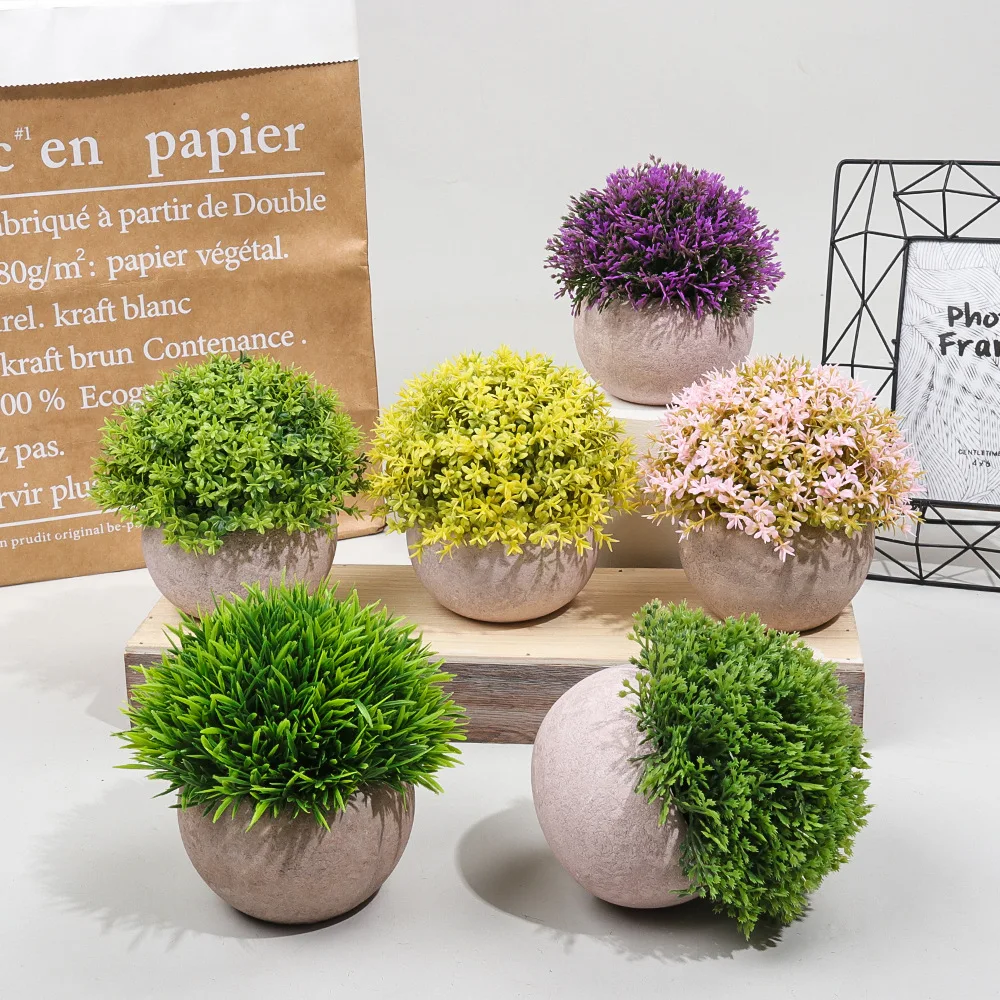 Online hotsale small round paper pulp pot artificial plants grass desk decorative