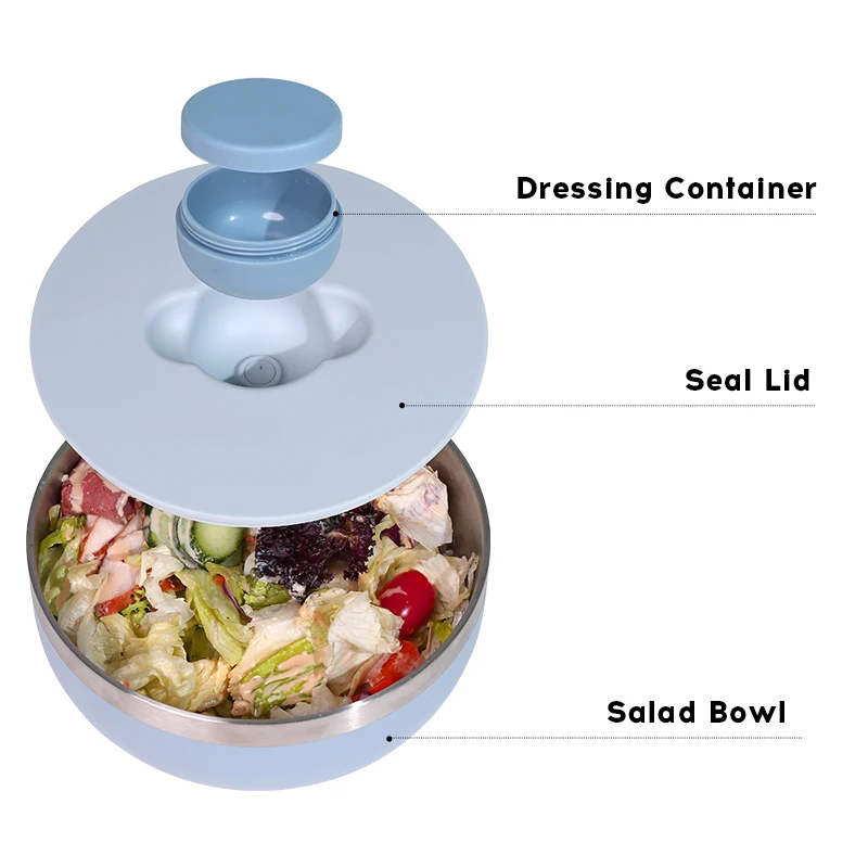 Cutstom Logo Color Insulated Stainless Steel 18/8 Salad Bowl for Food Storage with Magnetic Sauce Box