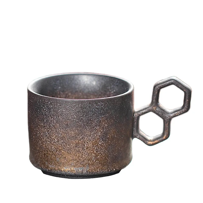 2024 New Creative Ceramic Coffee Cup Stackable Ins Retro Water Mug Geometric Ring Handle Microwave Safe Pottery Clay Cups Travel