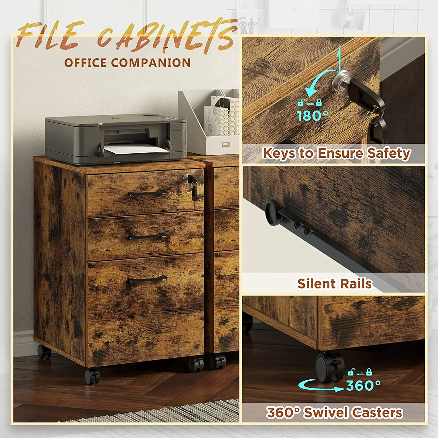 Rolling Mobile Vertical Under The Desk With Wheels That Can Hang Documents Brown File Cabinet Three Drawers With Lock