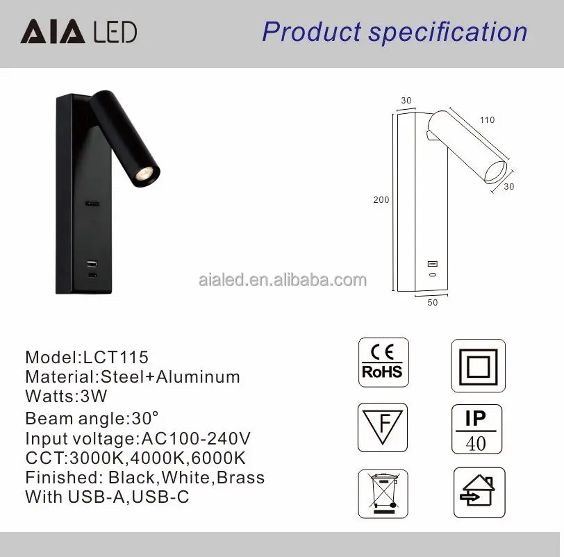 Modern surface headboard reading wall lamp type-C USB reading light bedside wall lights USB type-C for villa hotel peoject