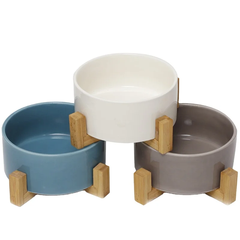 Wholesale Luxury Pet Feeding Bowl Custom Colorful Ceramic dog  Bowl with Bamboo Shelf Pet Water Food feeding bowls
