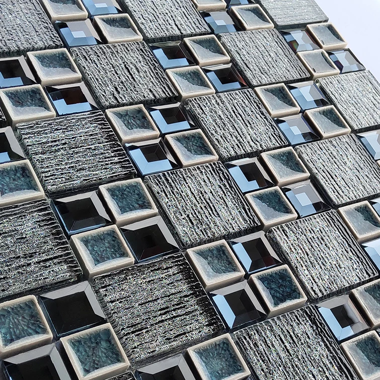 New trendy azulejo mosaico ice cracked ceramic 3D bevel square glitter  glass mosaic