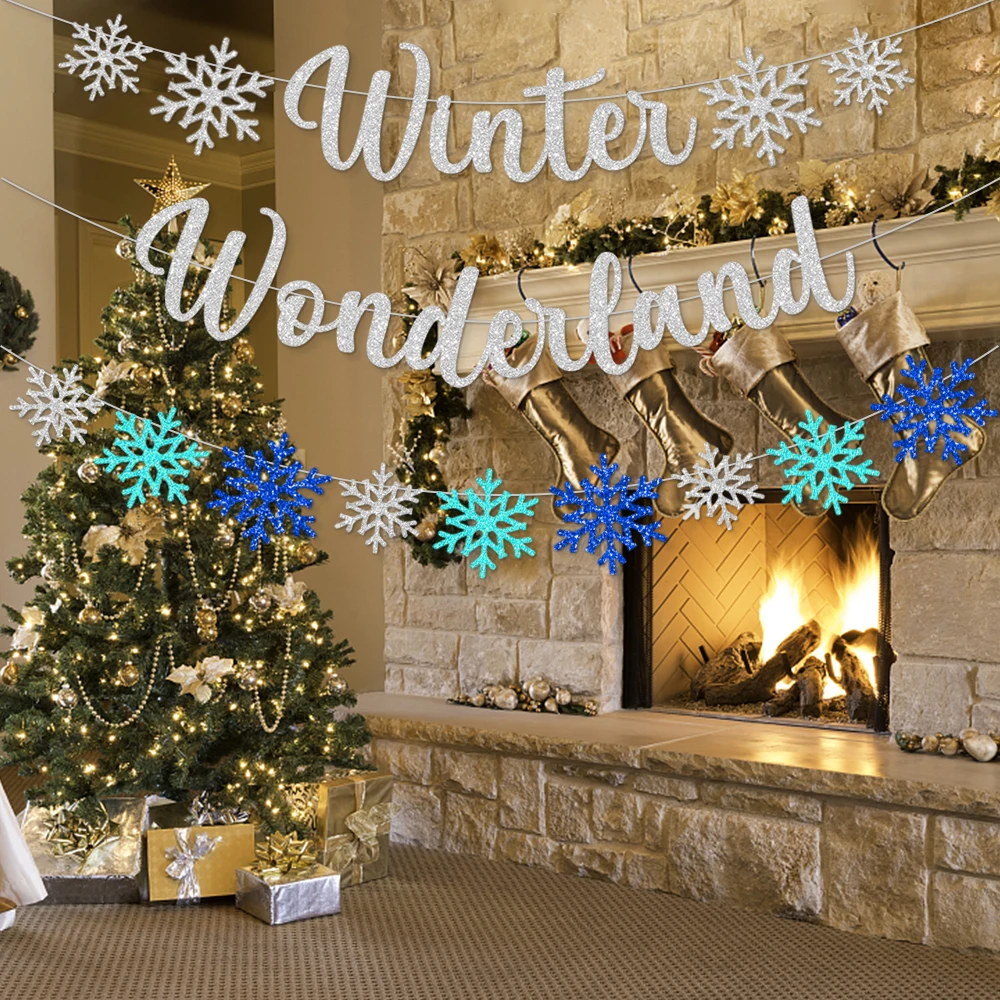Glitter Snowflake Winter Wonderland BANNER Baby Shower Decor Frozen Christmas Themed Birthday Party Decorations Supplies