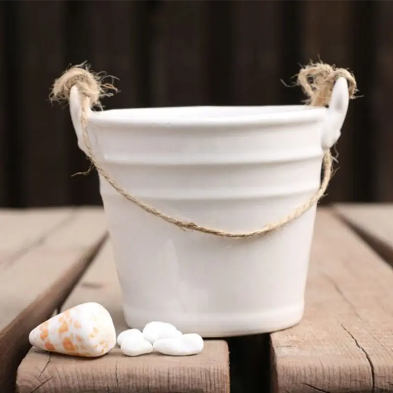 Pastoral fashion home ceramic crafts ornaments mini creative hemp rope hanging bucket flower pot decoration simple vase