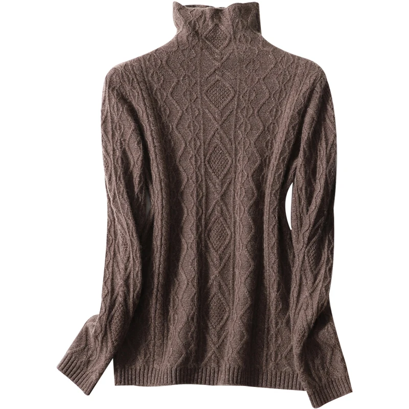 Модный зимний женский вязаный жаккардовый свитер с высоким воротником из 35% кашемира и 65% мериносовой шерсти