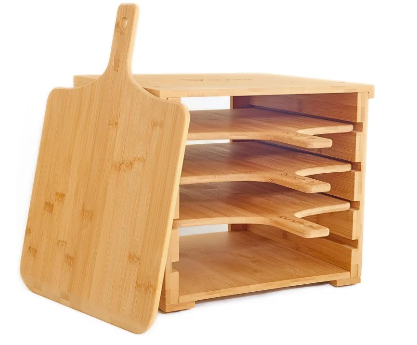 Wood Pizza Peel Rack | Includes 4 x 12 Inch Non-Stick Bamboo Pizza Boards | Real Wood Pizza Paddle Stand