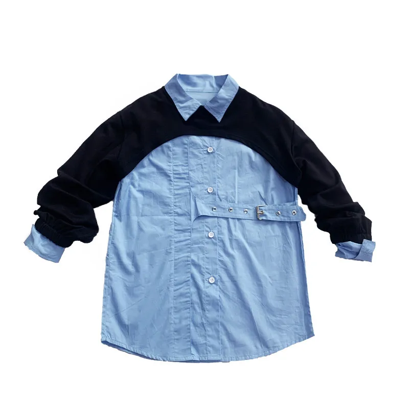 
2021 New Children Girl Blue Long Sleeve Dress Shirt with Crop Top 2 pcs Set 120-170cm Height 