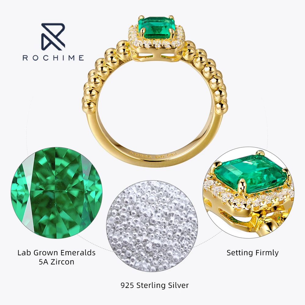 Rochime lab grown Emerald rings  s925 silver gold plated  fine jewelry 18k gold manufacturing fast drop shipping ring for women