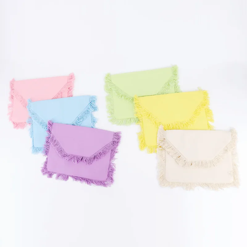 Manufacturer 3 Day Fast Shipping Waterproof Canvas Cute Fringe 6 Colors Magnetic Button Cotton Tassel Purse Canvas Clutch Purse