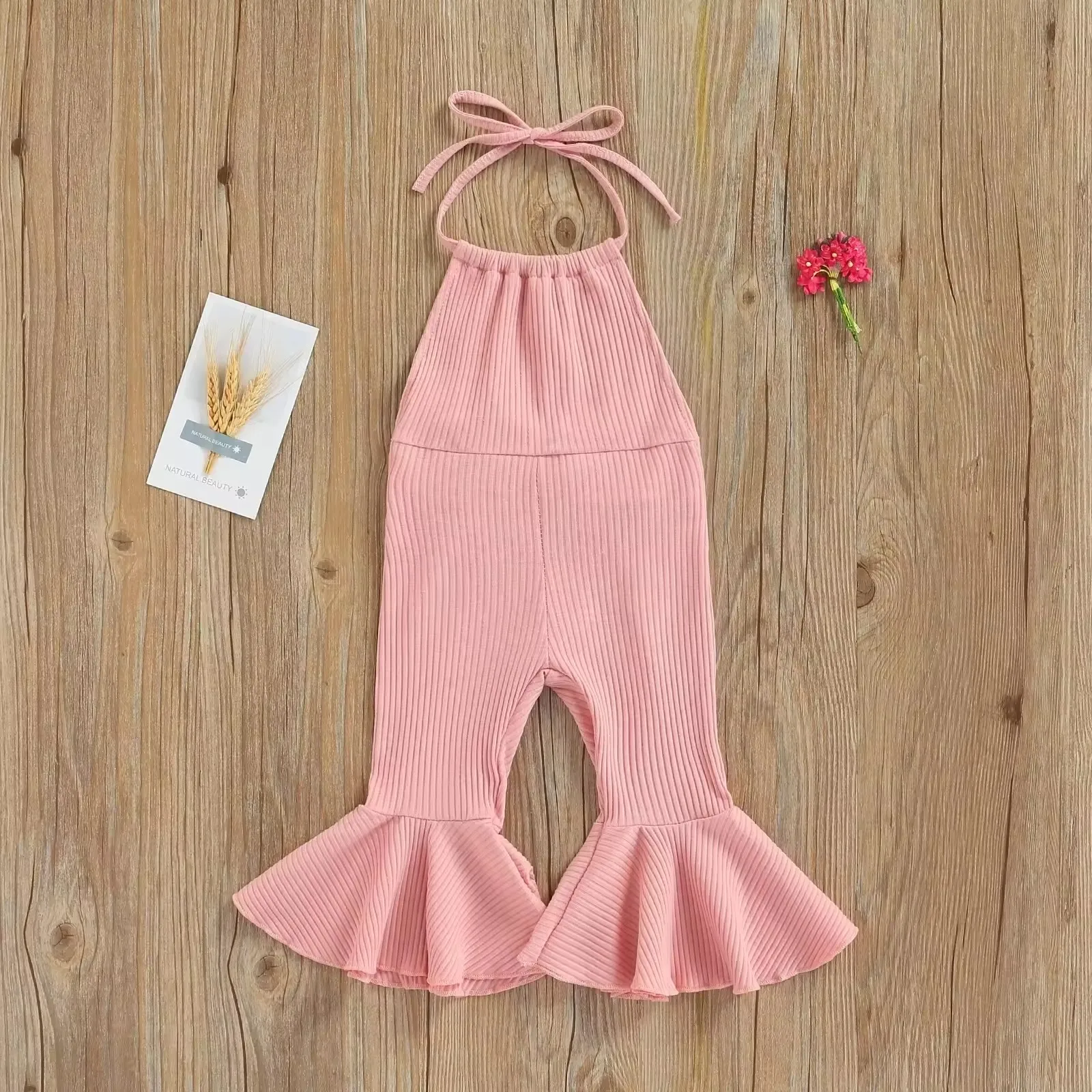 Summer Lovely Baby Girls Jumpsuits Pants Solid Ribbed Halter Jumpsuit Trousers for Toddler Girls Backless Flare Pants