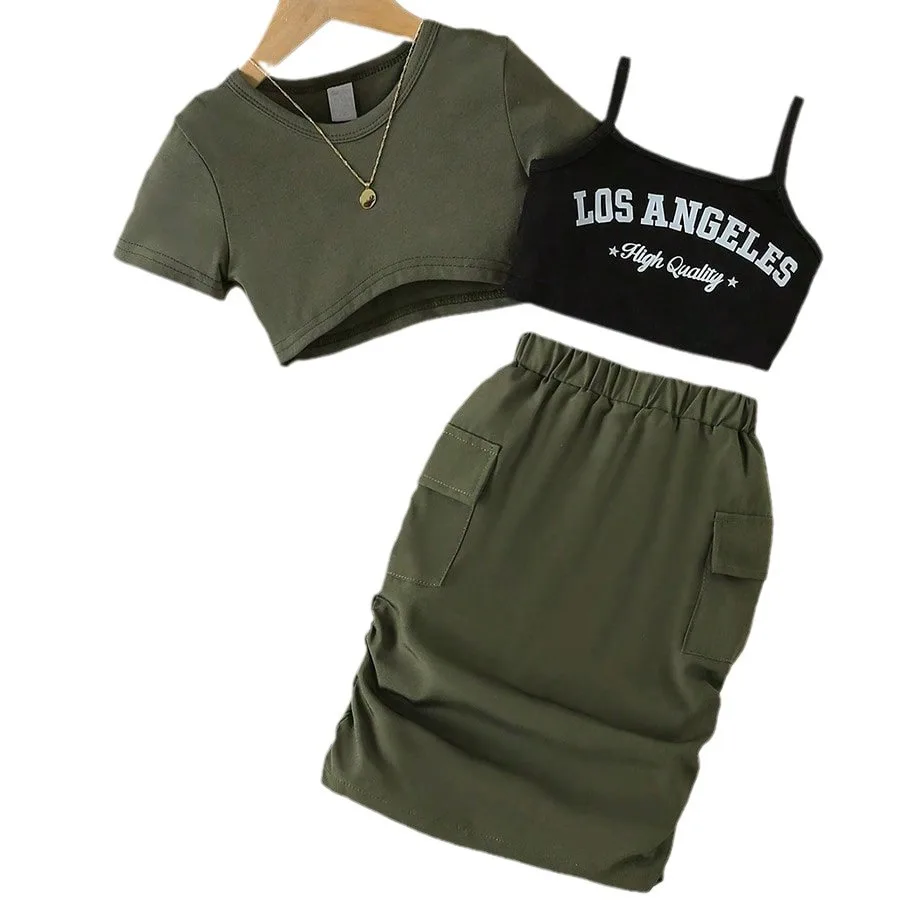 New fashion 3 Pcs teen girls clothing sets solid short sleeve t- shirt + letter vest + skirt outfits for girls