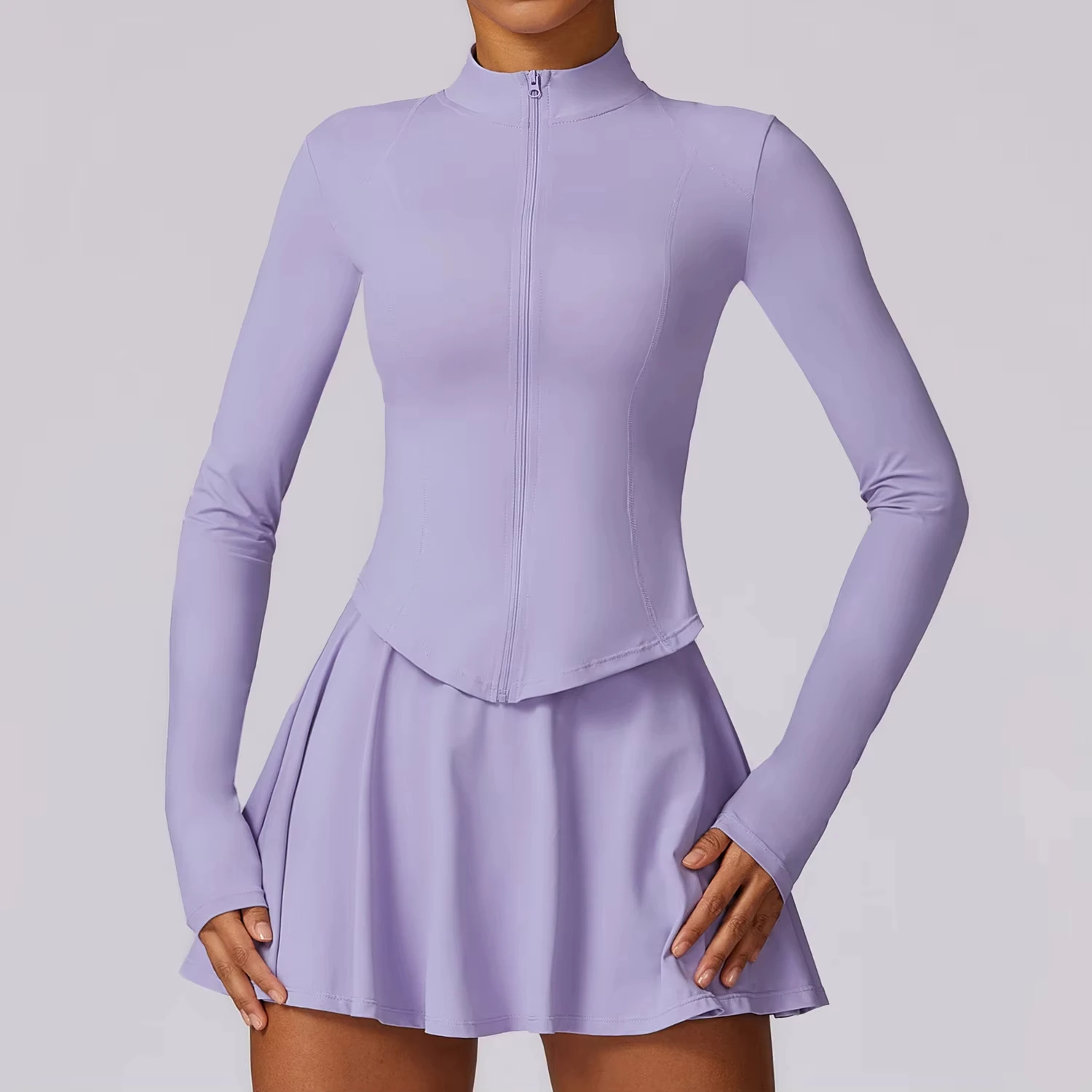 OEM Women Sports Long Sleeve Jacket Tennis Skirts Two Pieces Sets Fitness Yoga Wear Set