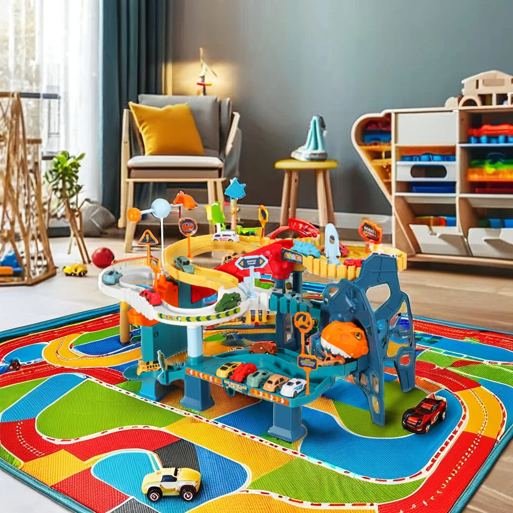 Hot selling dinosaur winding mountain road rail car children car adventure multi-storey car park children toys