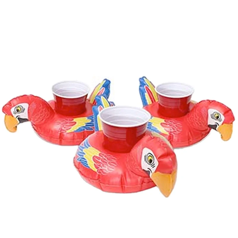 factory thick PVC party inflatable tropical parrot drink float durable plastic folding blow up bird cup holder floating