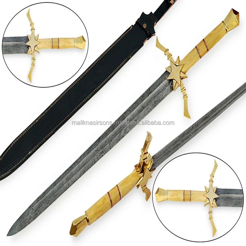 
Custom Handmade Damascus Steel Viking Sword with Bone and brass Handle 