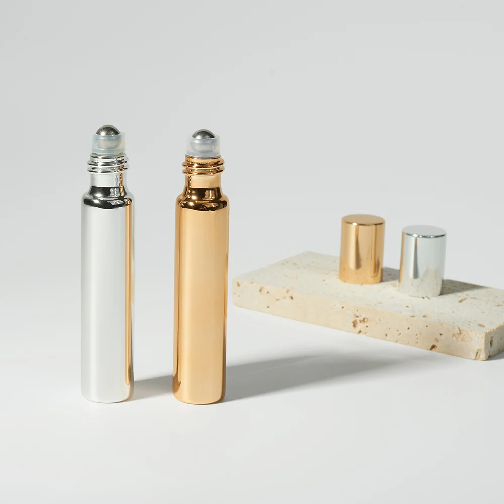 Refillable 10ml Empty Plated Silver Gold Black Perfume Spray Bottles Glass Shiny Cosmetic Toner Pump Sprayer Bottles With Lids