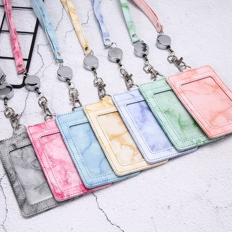Marble Pattern PU Leather Clear ID Window Credit Card Case Retractable ID Name Badge Reel Holder Lanyard for Women Nurse